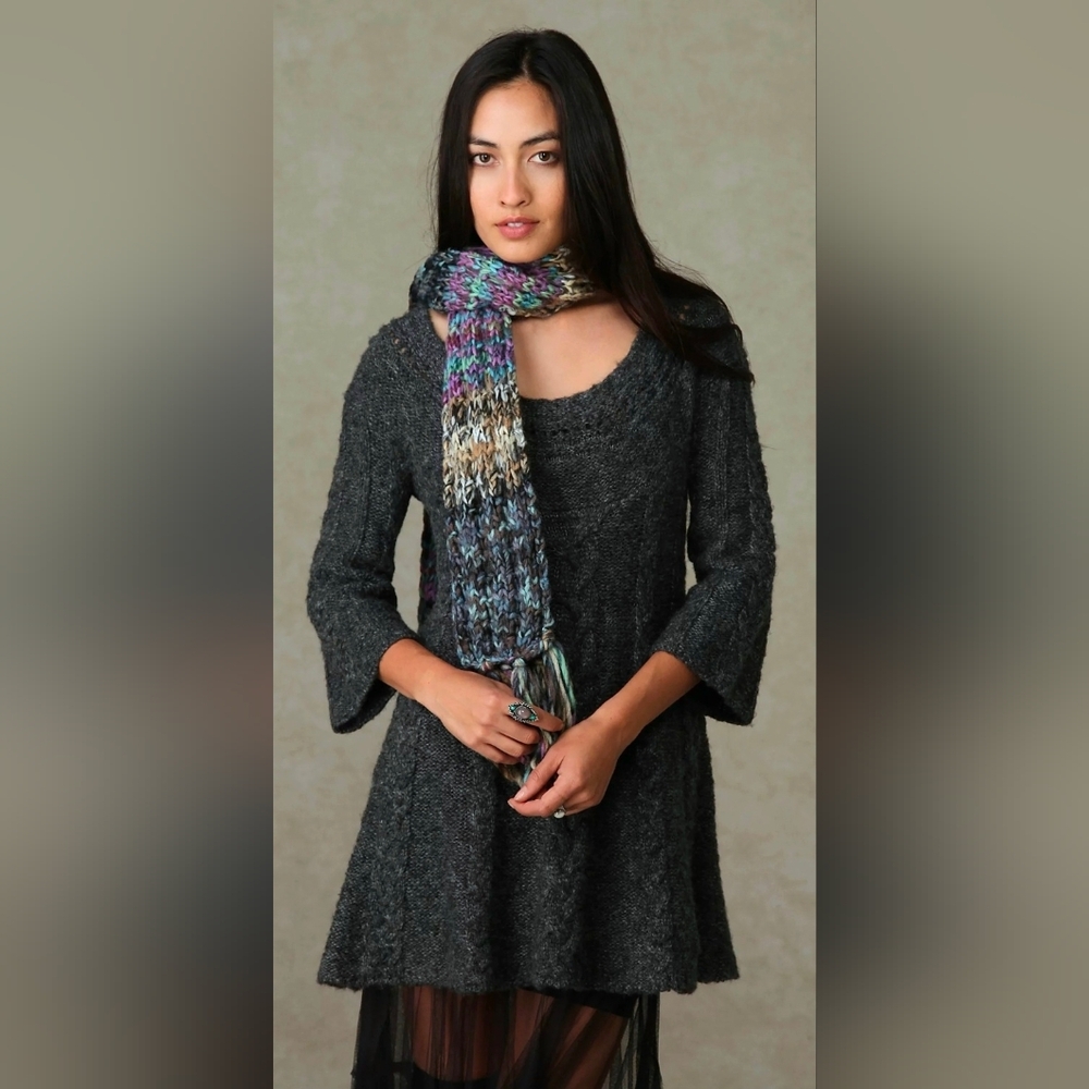 Free People Wool Chunky Cable Knit Gray Bell Sleeve Winter Mini Dress | Small - Picture 9 of 9